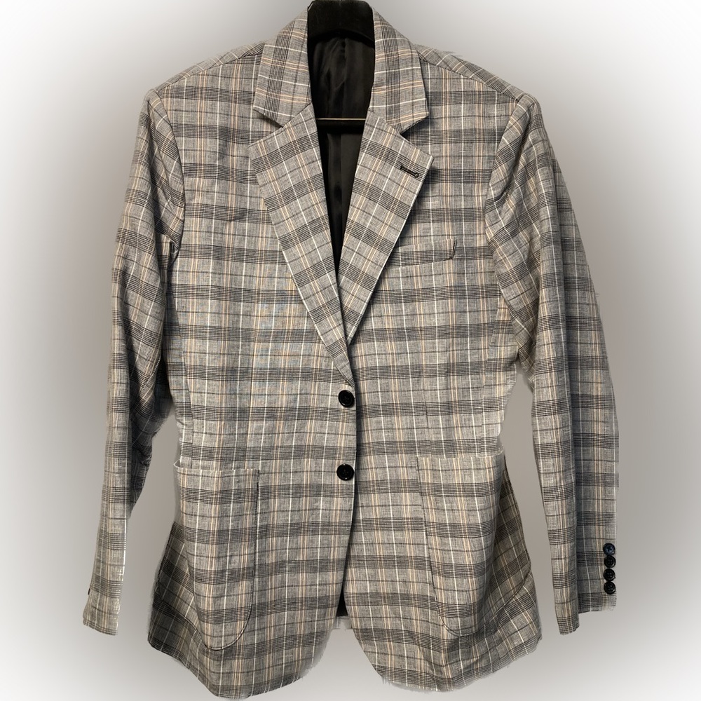 Checkered Plaid Blazer Men’s Slim Fit 3 front pockets accessible